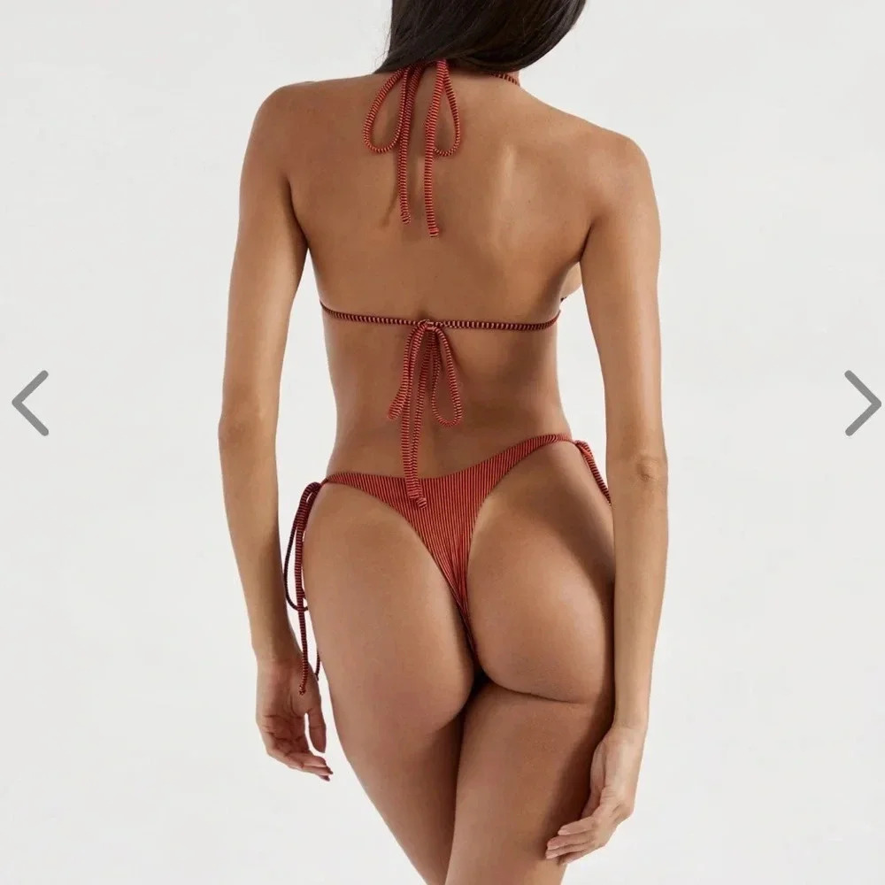 NWT OneOne Swimwear Bikini SET Ariel Flame Red Black Ribbed Triangle NEW Sexy - Picture 4 of 10